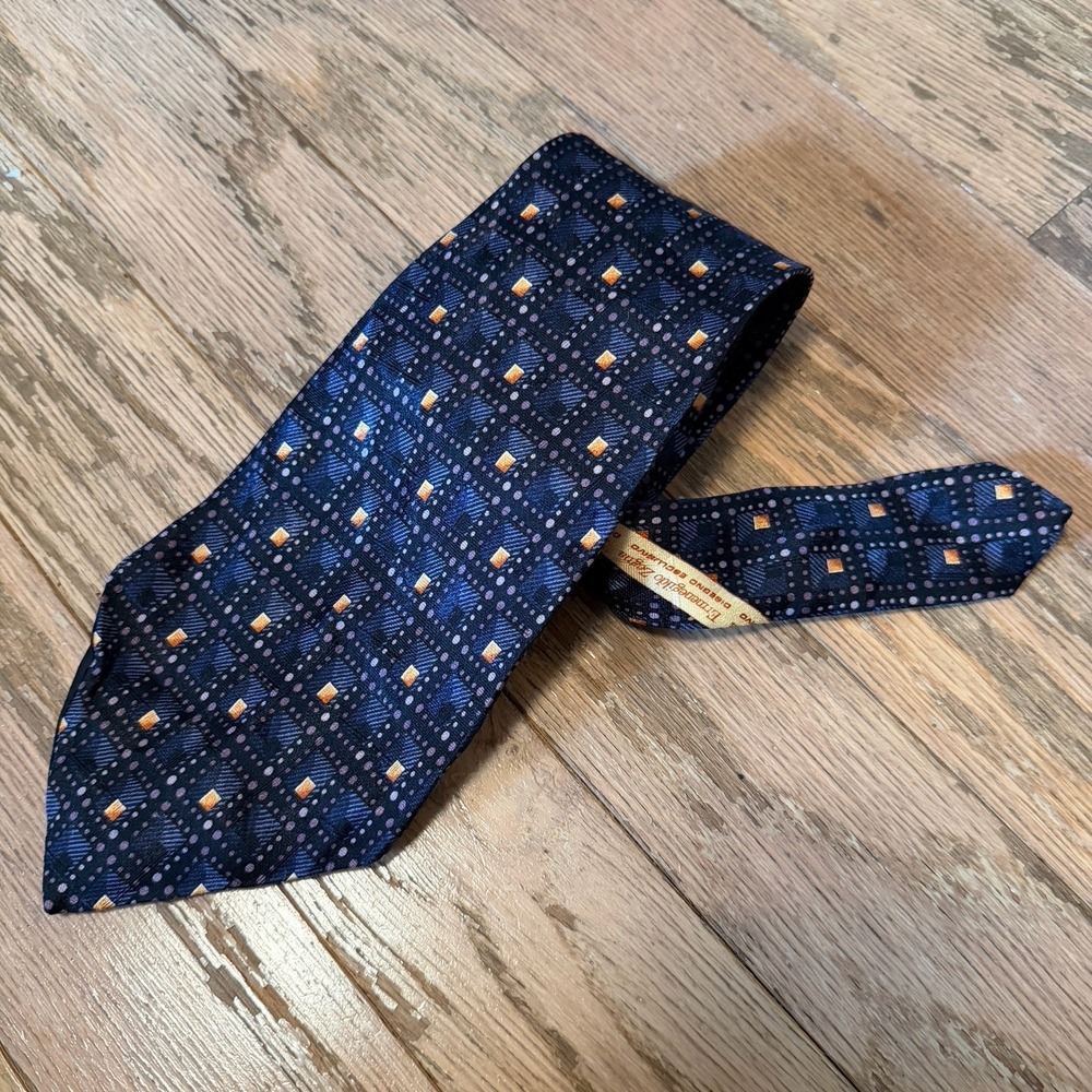 Ermenegildo Zegna Mens Tie Blue 100% Silk Necktie Made In Italy Geometric